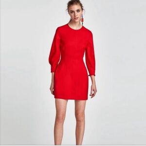 ZARA Mini Voluminous Dress Red 3/4 Pleated Sleeves Size 8